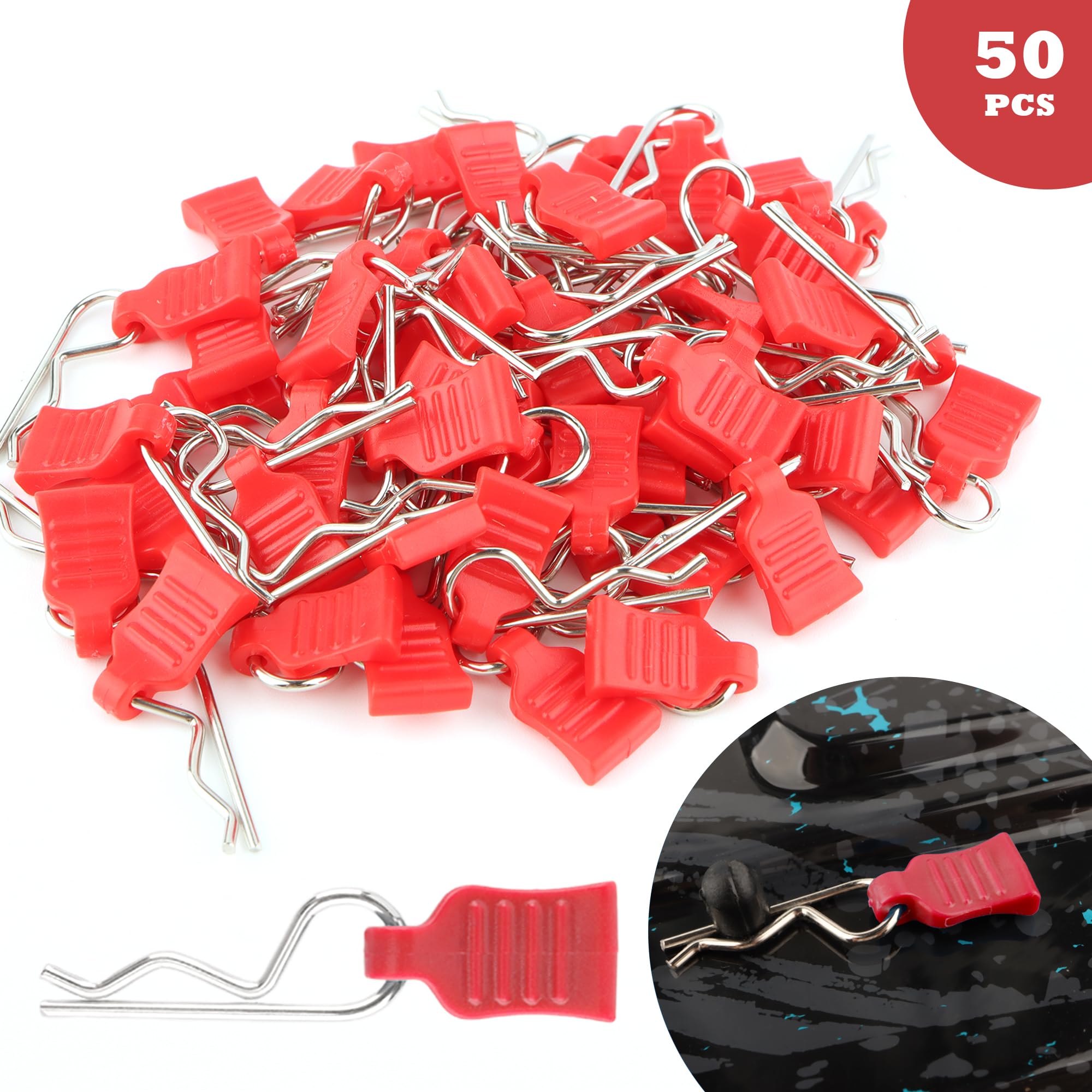 GDOOL 50 Pieces 1mm Universal RC Body Clips with Pull Tabs Car Clips RTR Clip Pins H165 Spare Parts for 1:14 1:16 1:18 Scale Redcat HPI Himoto HSP Exceed RC Car SCX24 TRX4M Truck (Red)
