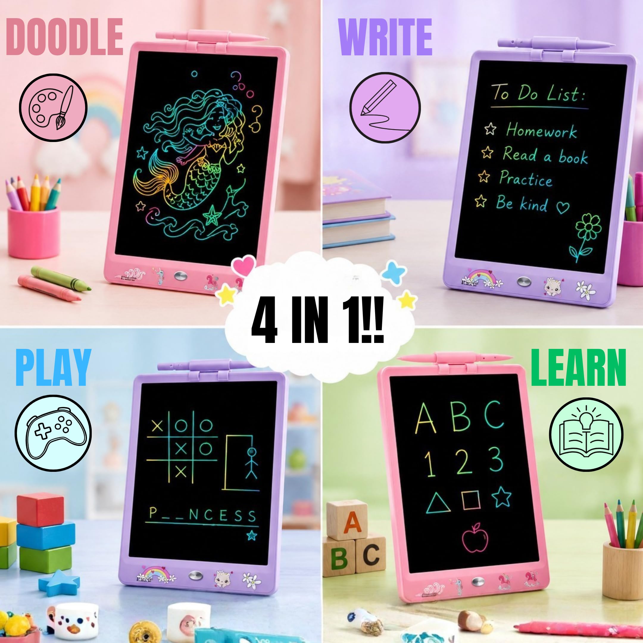 DYNASONIC (DYNA-PM Licorne) Tablette d'écriture pour enfants 10 pouces, Tablette de dessin LCD Tableau blanc magnétique Jouet Dinosaure pour enfants Cadeau 2 3 3 4 5 6 7 8 ans