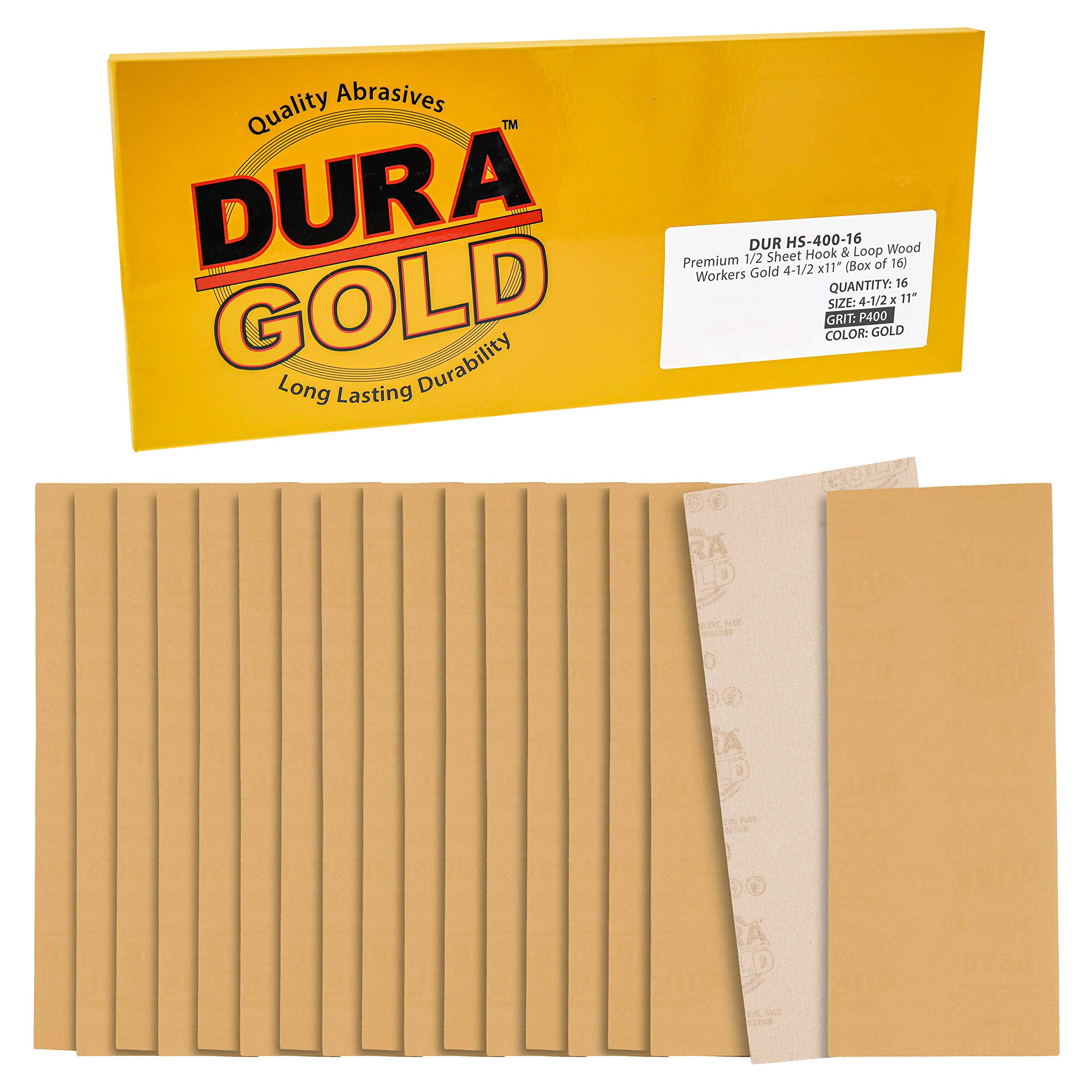 Dura-Gold Premium 1/2 Sheet Gold Sandpaper Sheets, 400 Grit (Box of 16) - Wood Furniture Woodworking - 4.5" x 11" Size Hook & Loop Backing Sheets - for Sanders, Hand Sanding Block Tools, Auto Paint