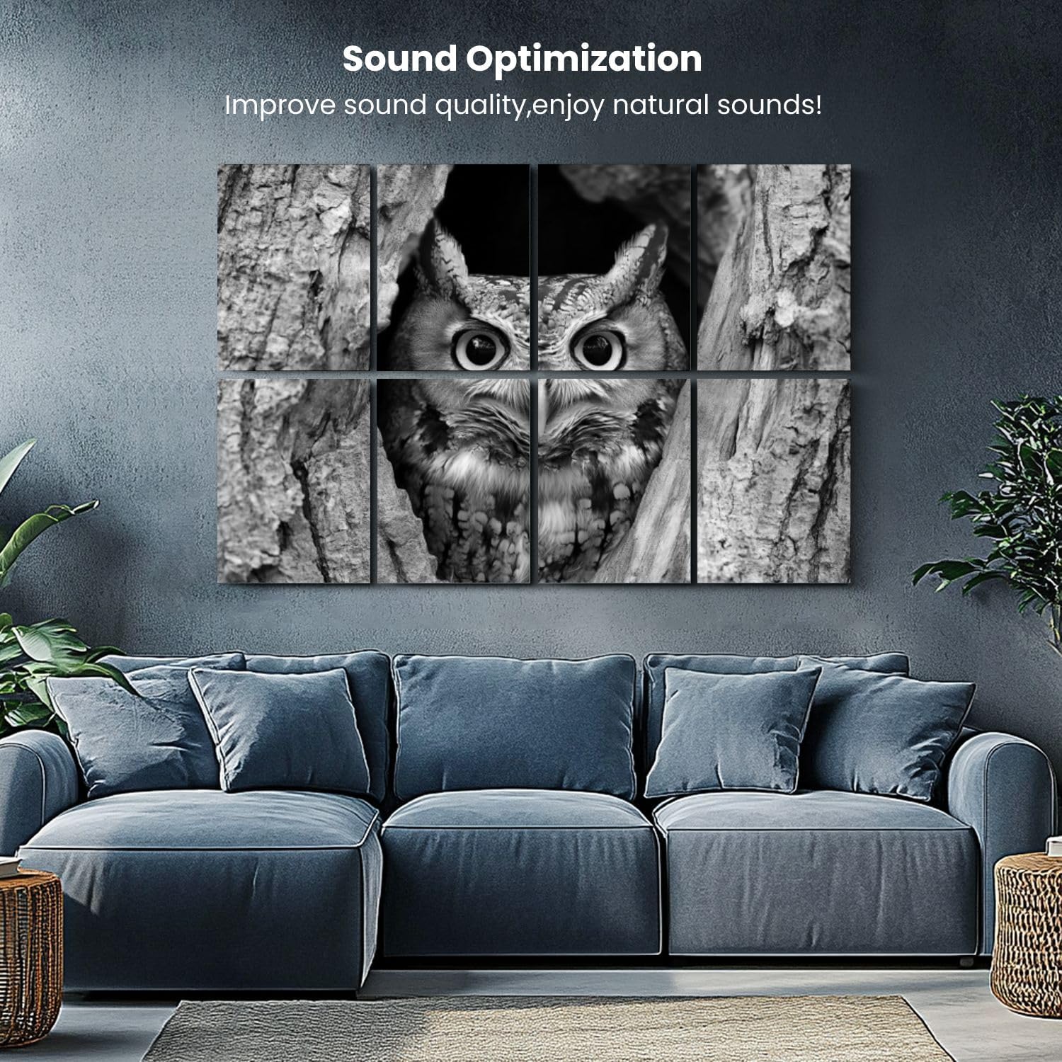Art Acoustic Panels Eastern Owl Perched Hole Tree 8 Pack Decorative Sound Absorbing Wall Panels 48"x32" Noise Canceling Soundproof Padding Room Decor for Office