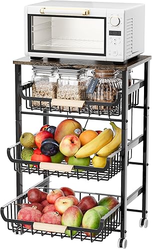 Miniatura 7 de JAQ Cesta deslizante para frutas y verduras para cocina, carrito de almacenamiento con ruedas de 4 niveles con mango de madera y parte superior,