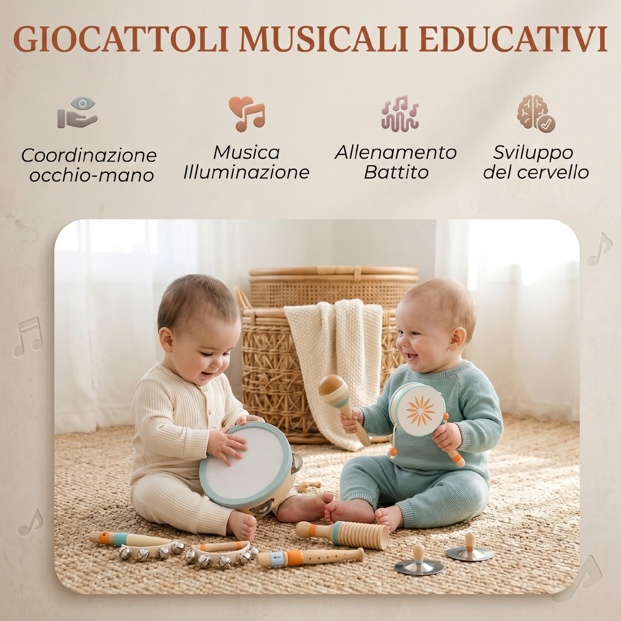 AIYAPLAY Strumenti Musicali per Bambini, Set Percussione Montessori | in Legno, con Tamburello e Maracas, Giocattoli Musicali per Bambini 3+, Regalo per Ragazze e Ragazzi