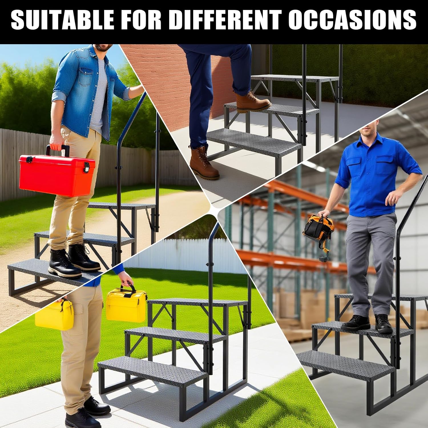 RV Steps with Handrail, RV Stairs 660 lbs Load Capacity, Step Ladder with Anti-Slip Panel, Mobile Home Stairs for Travel Trailers (3 Step)