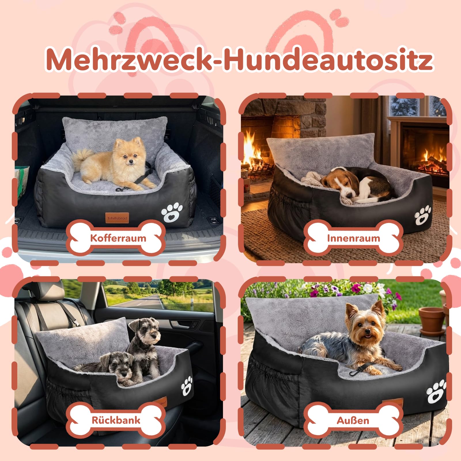 Hunde Autositz, 70x60x45cm, 2 Ansteckbare, Verstellbare Sicherheitsleinen, Auto-Hundebett für kleine Hunde, komplett Abnehmbarer und Waschbarer Autositz für Haustiere mit 2 Aufbewahrungs