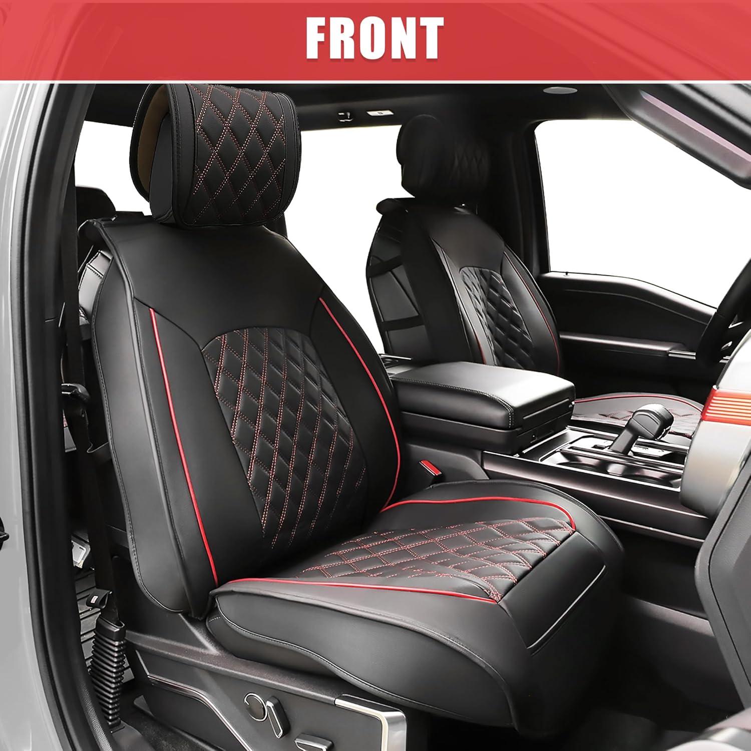 uxcell Front Seat Covers for Ford F150 2009-2014 for Ford F-150 2015-2018 2019-2023 Seat Protectors Pad Waterproof Faux Leather Pickup Cover Black Red 2 Pcs