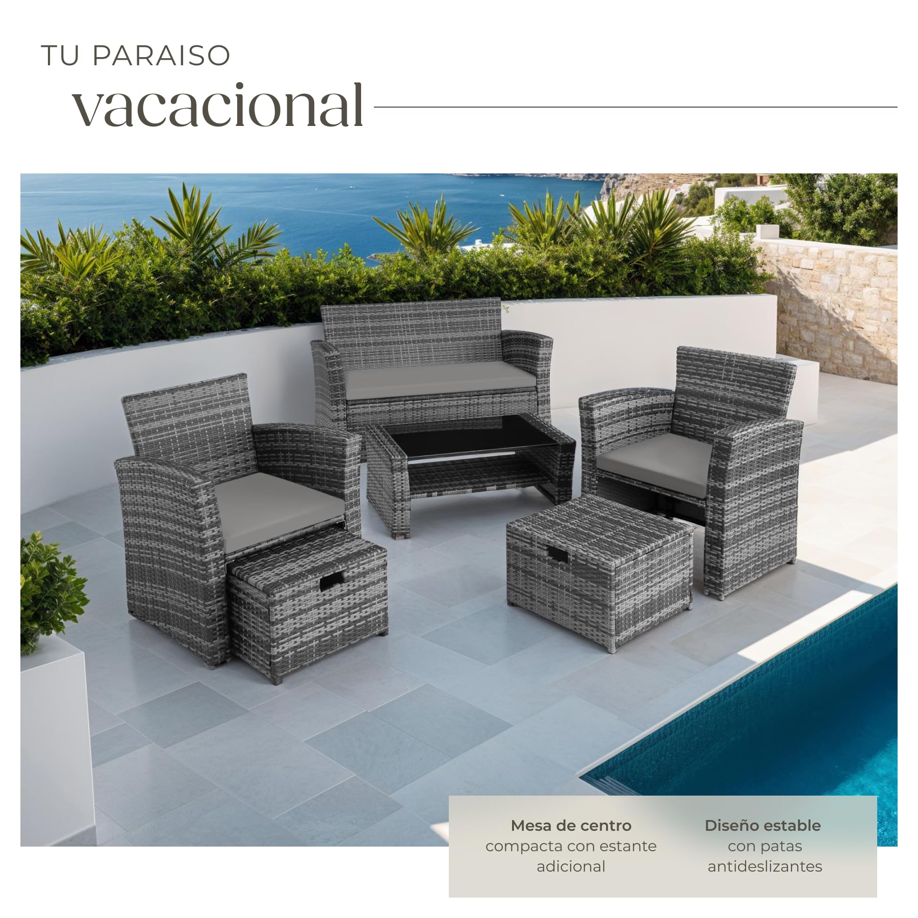 tectake® Conjunto Jardín Exterior de Ratán y Acero, Diseño Arqueado, Muebles Jardín Exterior Resistente a la Intemperie, 2 Sillones, 2 Taburetes, 1 Mesa con Cristal, con Cojines y Funda - Gris
