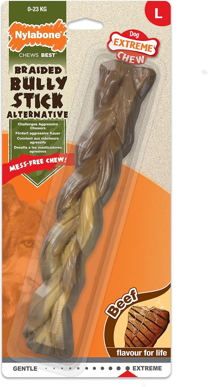 Nylabone Extreme Tough Dog Chew Toy, Braided Bully Stick, Beef Flavour, Mess-Free, For Dogs Up To 23 Kg – Large