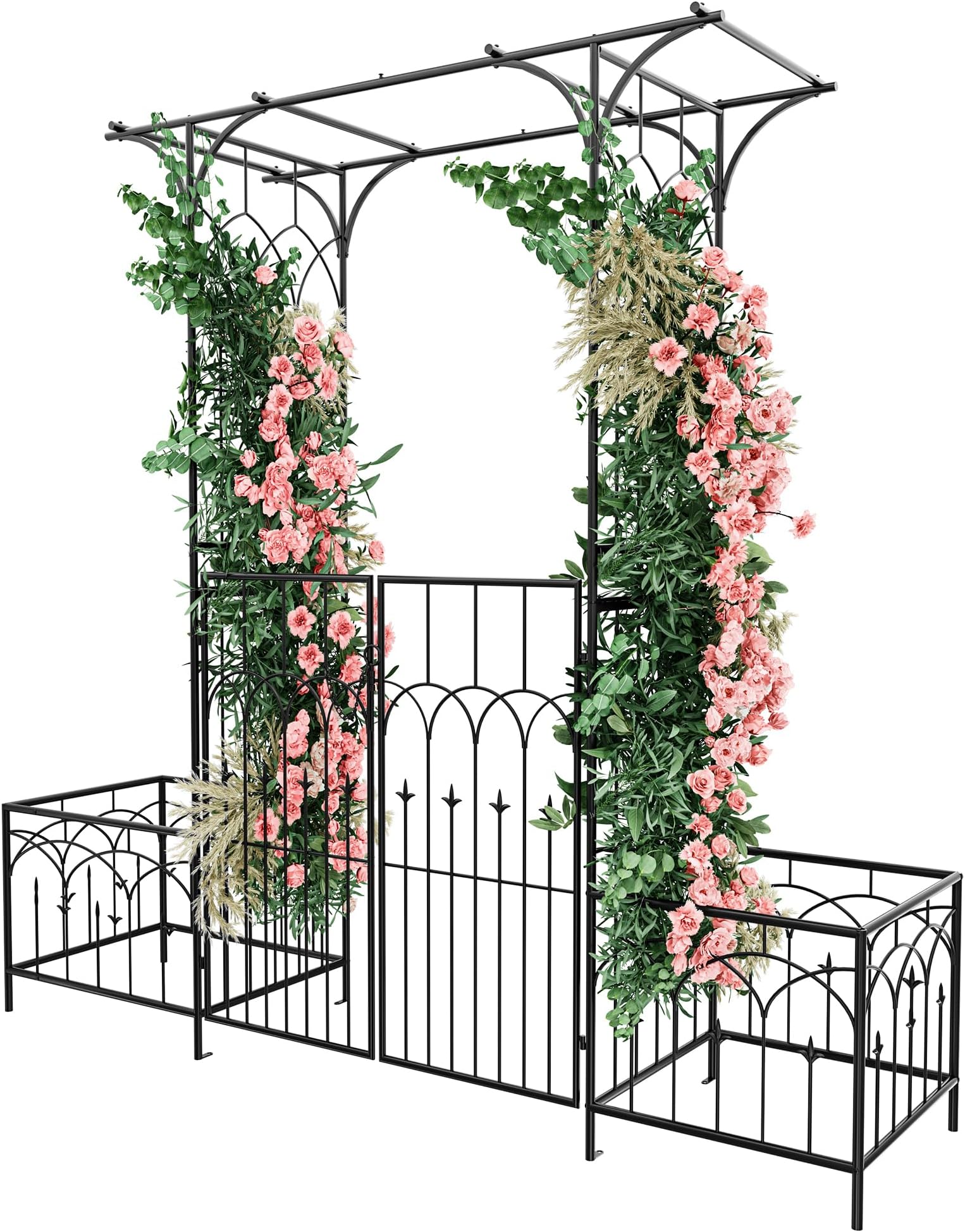 Garden Arbor with Gate and Planter Boxes 79" W x 81" H, Metal Garden Arch for Climbing Plants Outdoor, Wedding Arches for Ceremony, Garden Arbors and Arches for Lawn, Patio, Backyard
