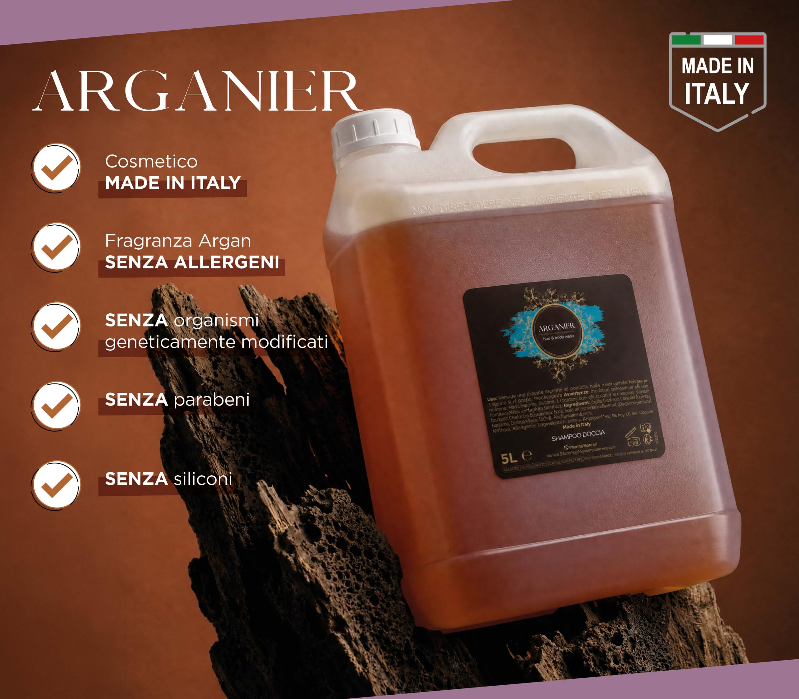 PRESENT-MORE - Doccia Shampoo 5lt Arganier - Confezione da 2 Pezzi - Shampoo Doccia Senza Allergeni - Fragranza Argan - Made in Italy - Ideale per Hotel e B&B
