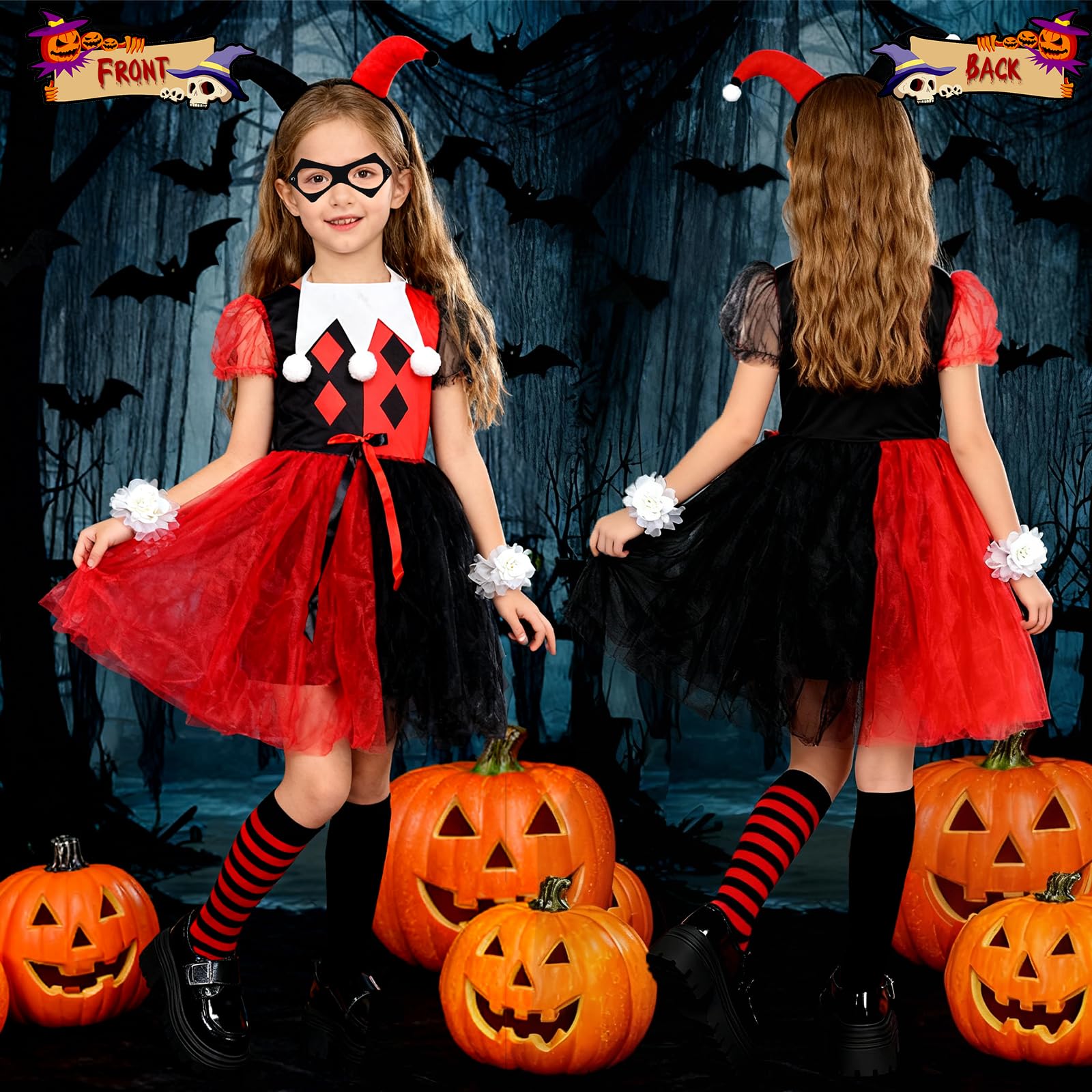 Vcumter Quinn Cosplay Costumes for Kids 8Pcs Quinn Girls Fancy Dress Halloween with Inflatable Baseball Mask Hairband Clown Villain Costume for Girls Carnival Cosplay (Red Black - Image 4