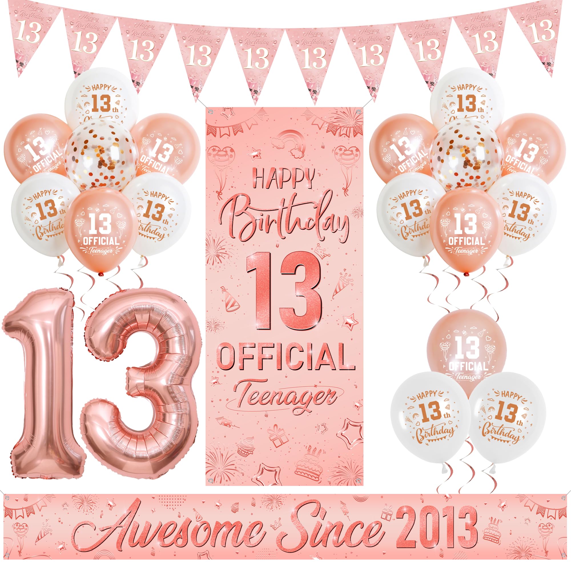 Flerramao 13th Birthday Decorations Girls, Rose Gold Official Teenager Birthday Banner, Awesome Since 2013 Garden Banner, 32 Inch Number 13 Foil Balloon, Bunting, Confetti Balloons for 13 Years Old