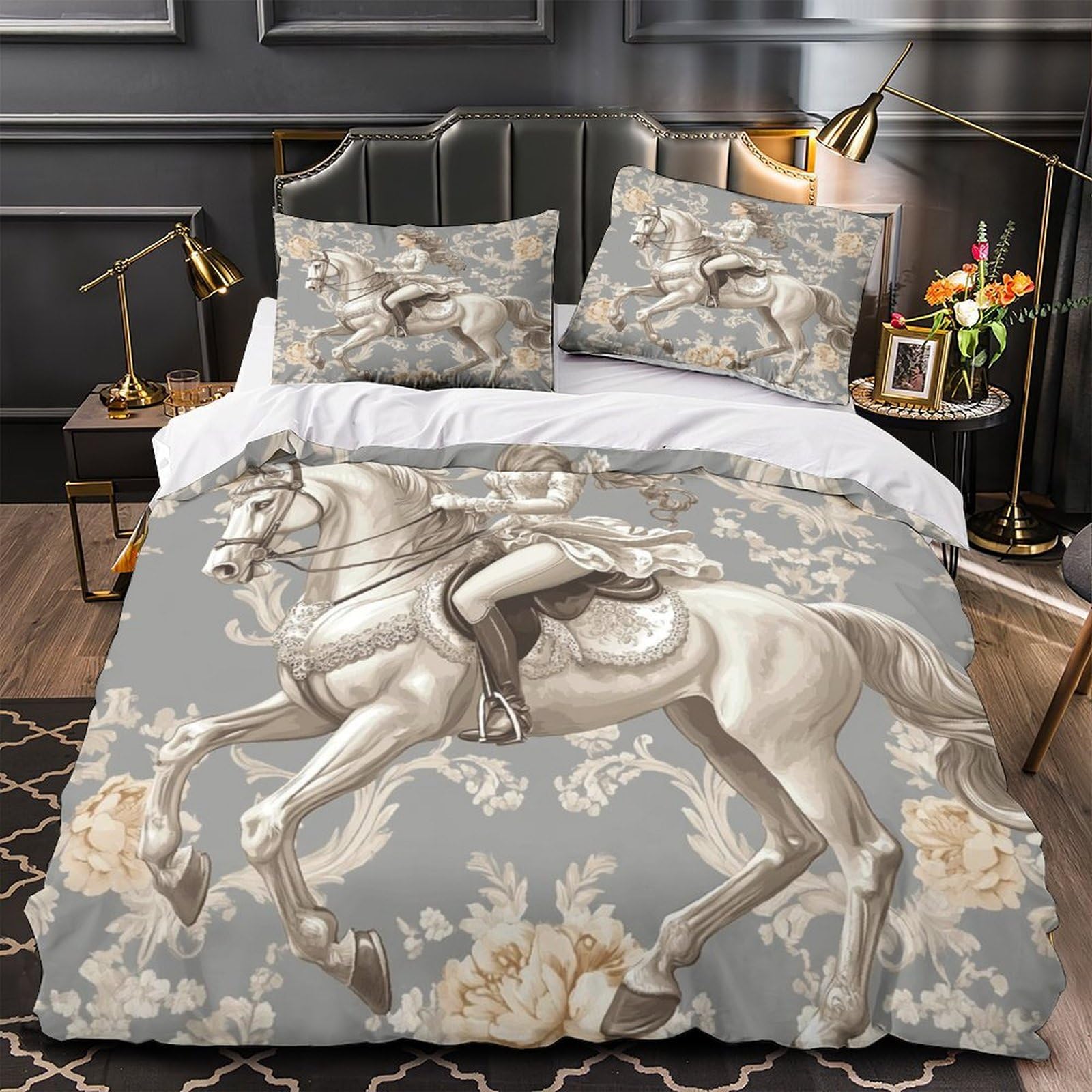 Housse de couette microfibre respirante motif imprimé 3D cheval avec fermeture éclair solide