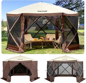 VEVOR Gazebo Screen Tent, 10 x 10 ft, 6 Sided Pop-up Camping Canopy Shelter Tent with Mesh Windows, Portable Carry Bag, Ground Stakes, Large Shade Tents for Outdoor Camping, Lawn and Backyard