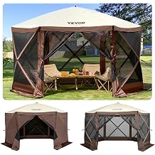 VEVOR Camping Gazebo Screen Tent, 12x12ft, Brown/Beige | 6 Sided Pop-up Canopy, Mesh Windows, Portable Carry Bag &amp; Stakes, Large Shade for Outdoor Camping