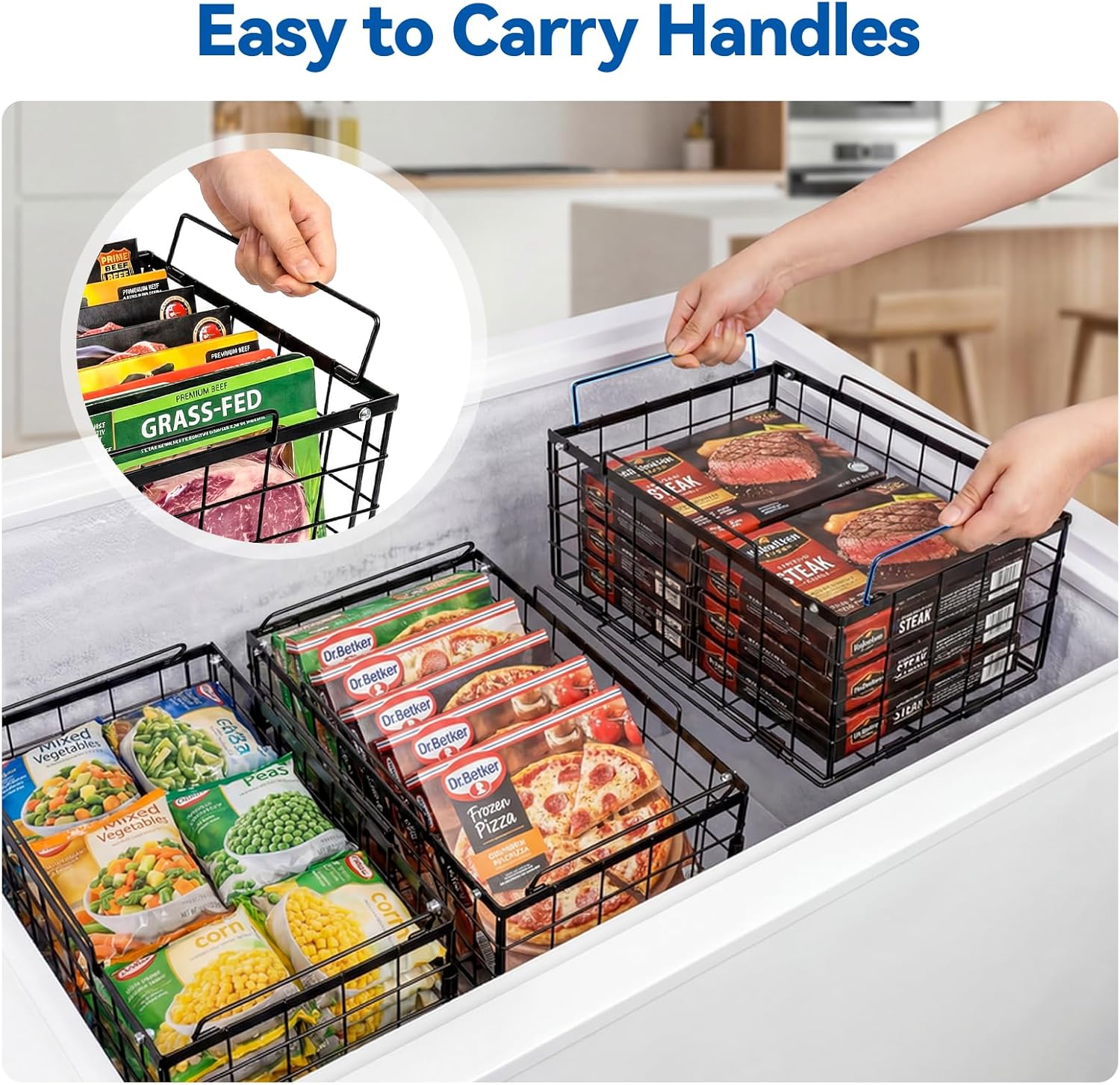 Reinforced Freezer Organizer Bins, 2 Pack Large Stackable Upright Chest Deep Freezer Storage Containers, Thickened Black Wire Foldable Baskets with Handles, More Space, Easy Access - Image 7