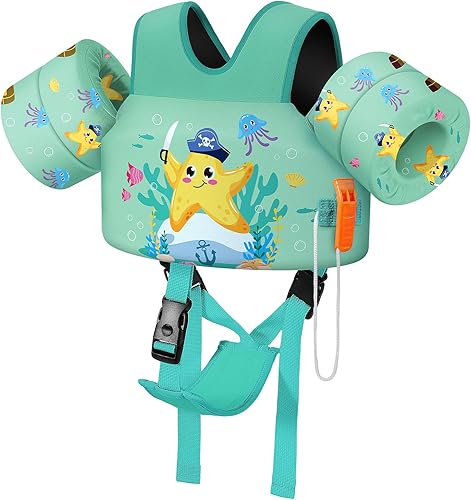 Miniatura 7 de MoKo Chaleco de natación para niños de 15-30-50-66 libras, flotadores de brazos de charco de dibujos animados con correa de entrepierna, flotadores