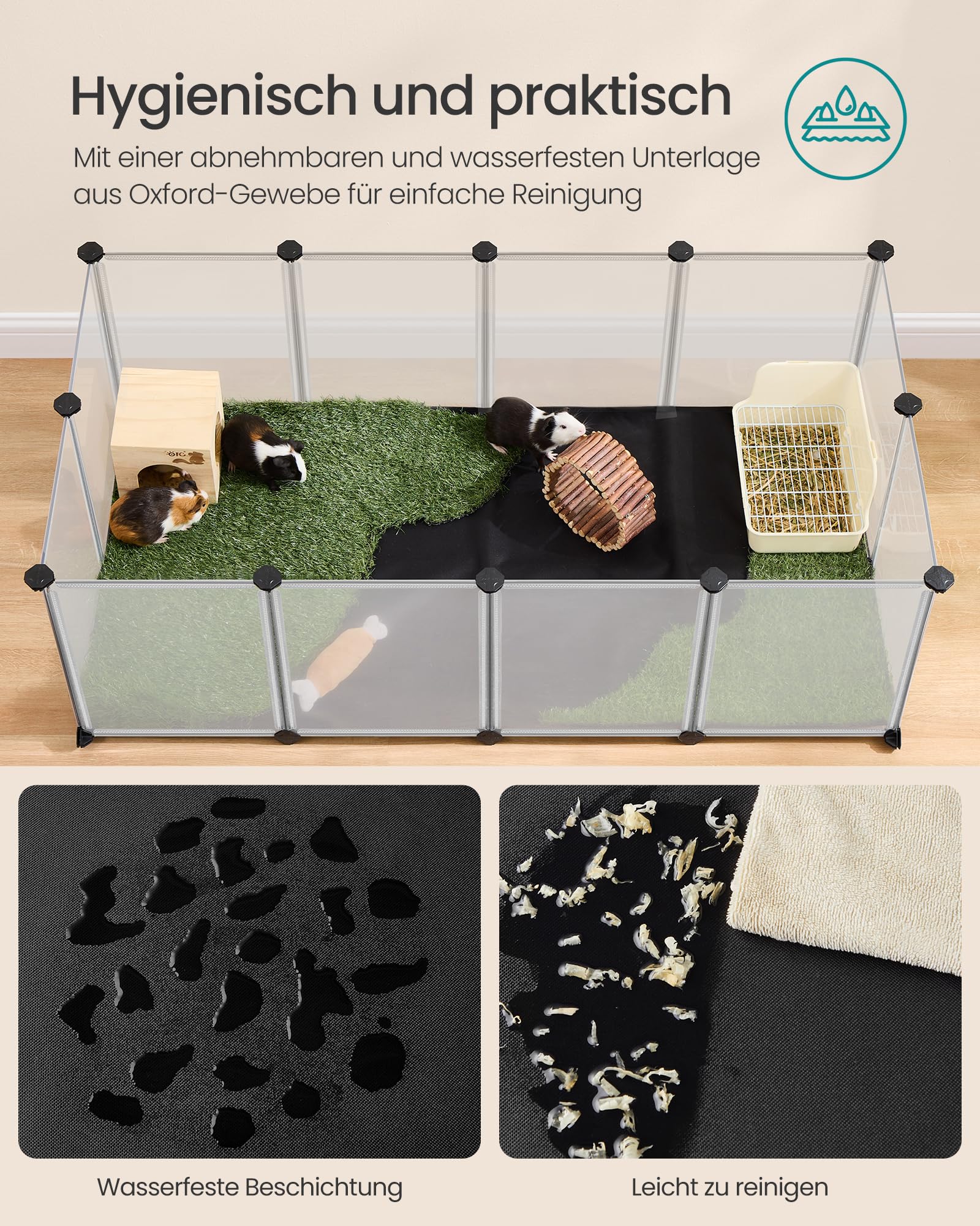 SONGMICS Kleintiergehege mit Bodenplatten 2er Set, Laufstall mit Abnehmbarer und wasserfester Unterlage, Gehege für Hamster, Kaninchen, Meerschweinchen, 143 x 73 x 46 cm, weiß LPC012W21