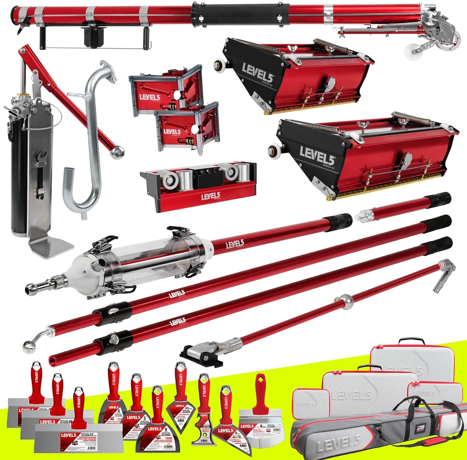 Full Drywall Taping and Finishing Set - LEVEL5 | Automatic Taper, 10”/12" Flat Boxes, 3”/3.5” Angle Heads, MiniShot, Corner Roller, Standard Handles, Pump, Gooseneck | 4-680