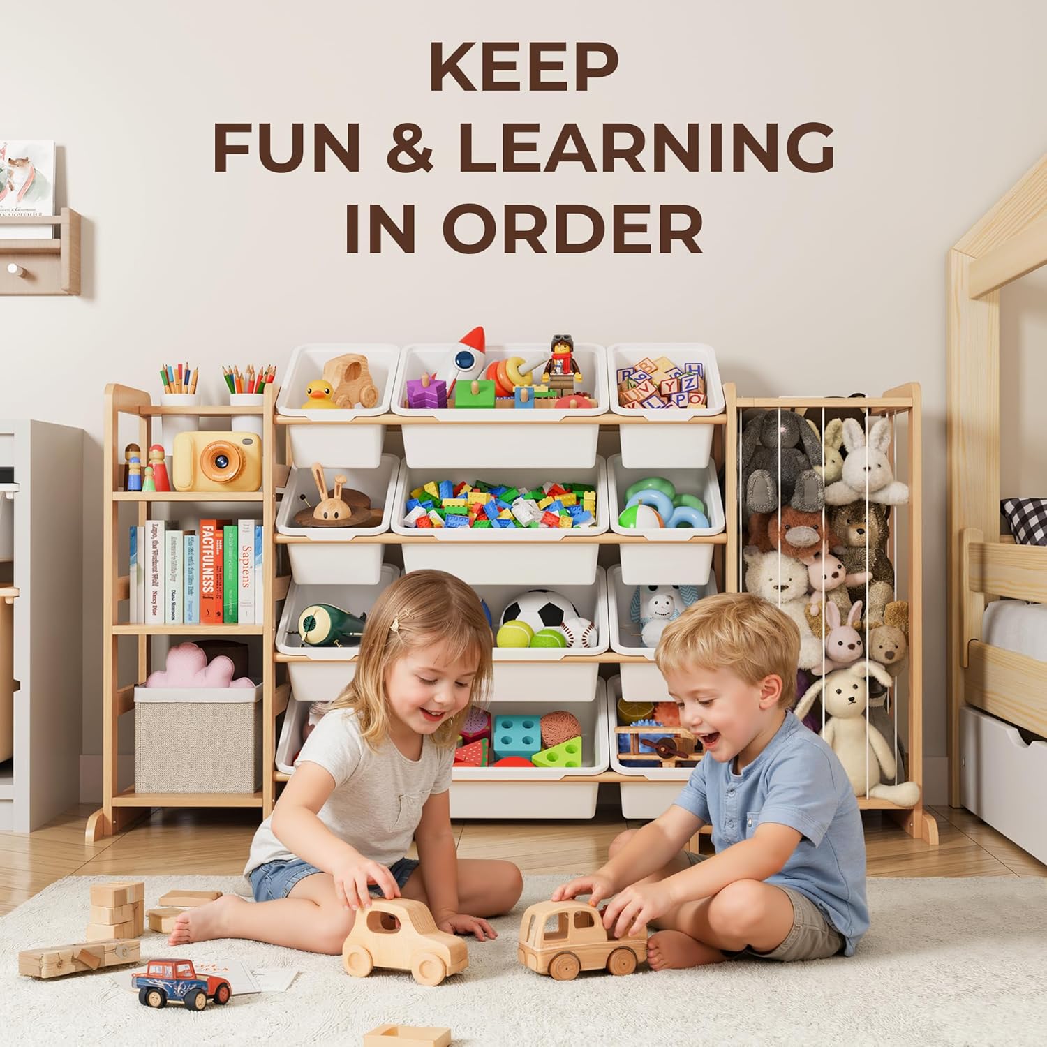 toy storage organizer with bookshelf and stuffed animal storage - kids playroom organization with shelves and 12 toy bins - toddler living room toy box for lego - nursery bedroom decor essentials white 55.2"w,3 shelves,12 bins