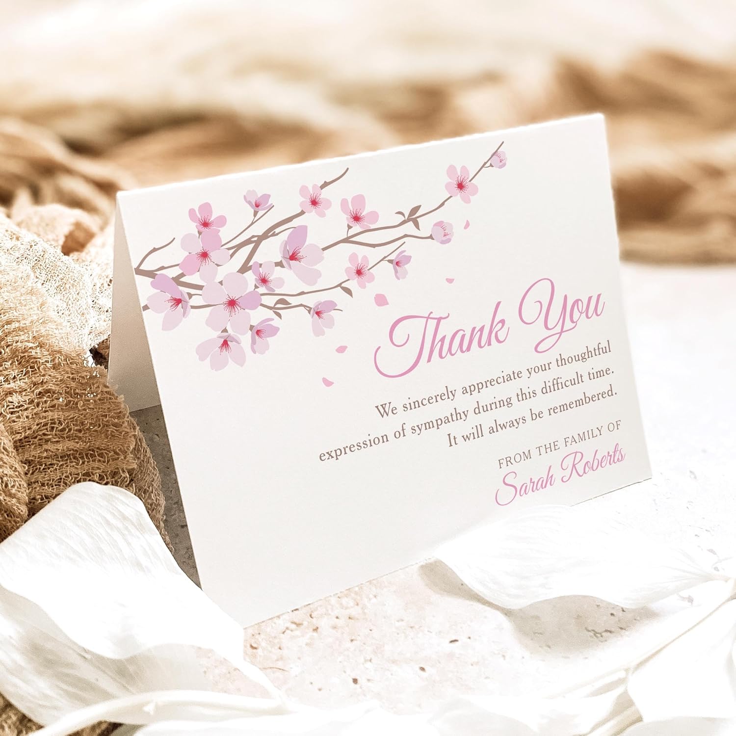 Pink Cherry Blossom Sympathy Thank You Cards, 5.5x4.25 Personalized Memorial Funeral Bereavement Cards with Envelopes (Folded Card)