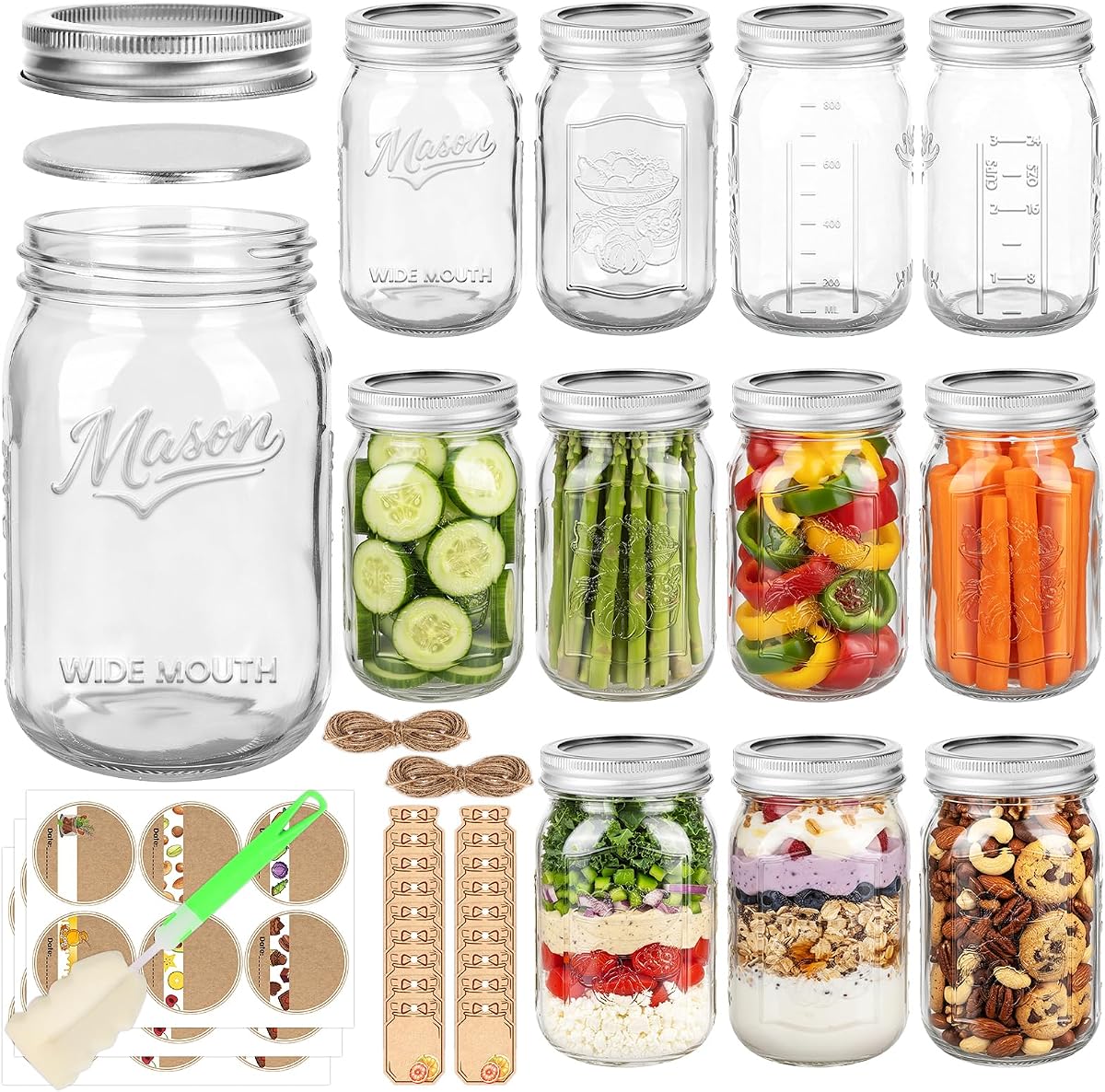 32oz Glass Mason Jars Wide Mouth 12-Pack with Airtight Lids & Markings | Quart Embossed Canning Jars BPA-free for Pickling, Fermenting, Meal Prep, Food Storage, Pantry Organization, and DIY Gifts