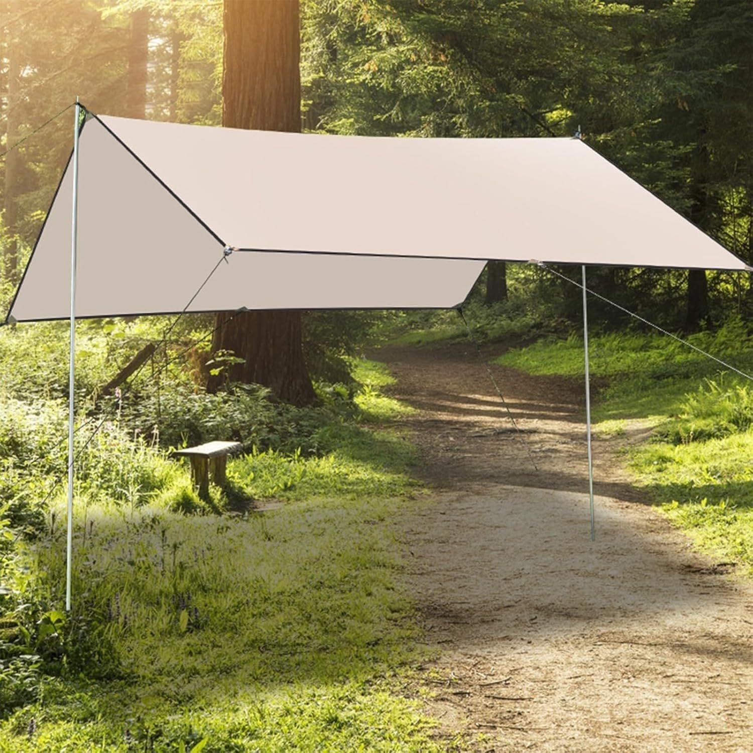 Camping Tarp with Poles, Heavy Duty Shade Cloth for Garden Outdoor, Camping Tent Tarps, Camping Shade, for Camping, Picnic,Beach, Outdoor Activities 3 * 4.5m/9.8 * 14.7ft Quicksand Gold