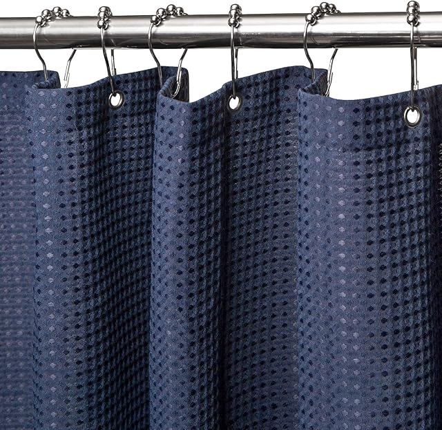 VANZAVANZU Shower Curtain for Bathroom with Metal Hooks Waffle Fabric Shower Curtain Heavy Duty Bath Curtain for Wet Room Bathtub Shower Stall, Weighted Hem, Water Resistant - 182 x 214cm (Navy Blue)