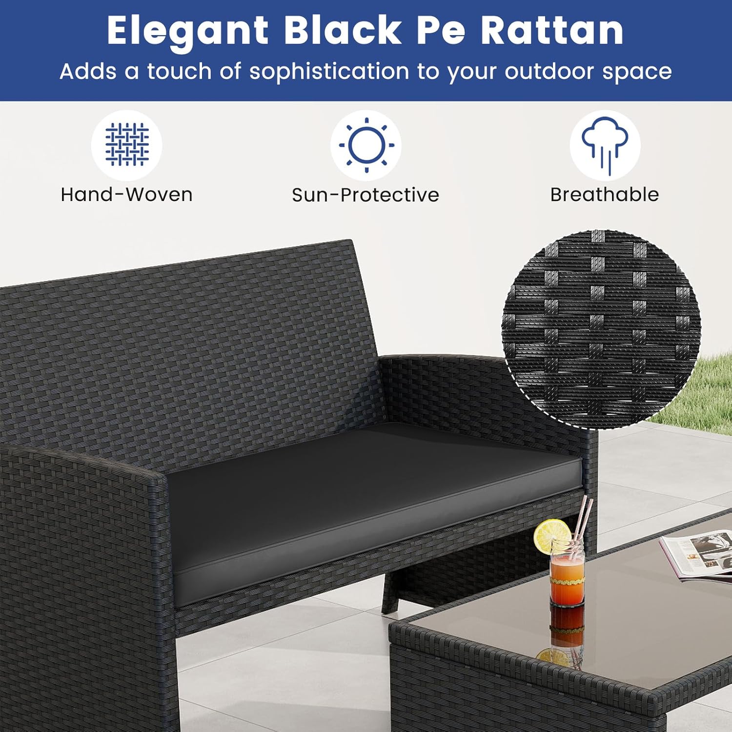 Tangkula 4 Pieces Patio Wicker Furniture Set, Outdoor Heavy Duty Rattan Cushioned Chairs, Loveseat and Tempered Glass Coffee Table, for Backyard, Balcony, Poolside (1, Black)