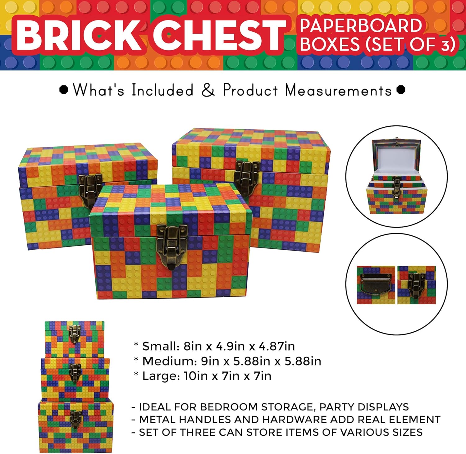 Brick Chest Paperboard Boxes (Set of 3), Brick Party Gifts, Brick Party Favors, Brick Room Decorations, Birthday Parties, Storage or Display : Toys & Games