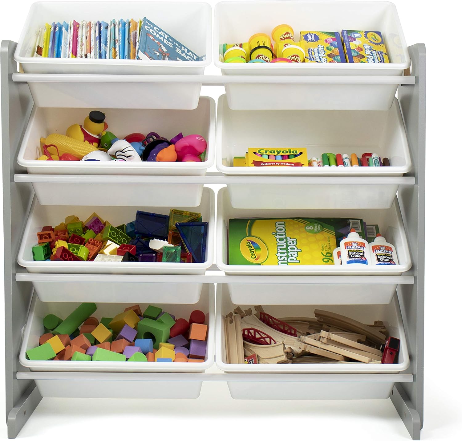 Humble Crew 8-Bin Toy Organizer – Large Storage Bins with Grey Wood Frame & White Plastic Totes, 4-Tier Kids’ Organizer Shelf with Safety Braces and Anti-Tip Kit