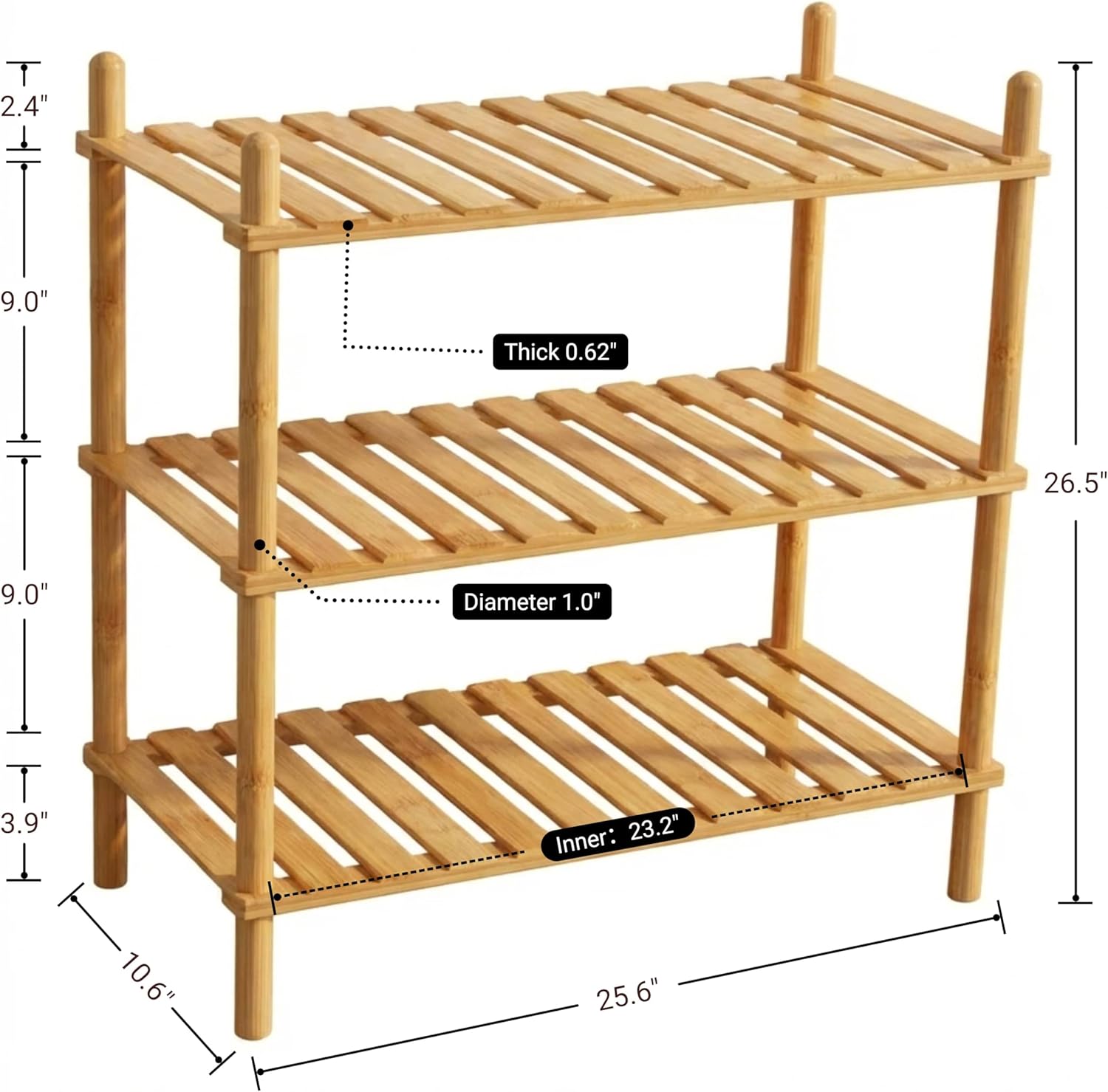 GOGOGO 3-Tier Bamboo Freestanding Shelf | Tool-Free,150lb,Multifunctional Small Bookcase Wood Shelf for Bathroom, Kitchen, Office (Natural, 9.0“H（3 Tier Heightened)