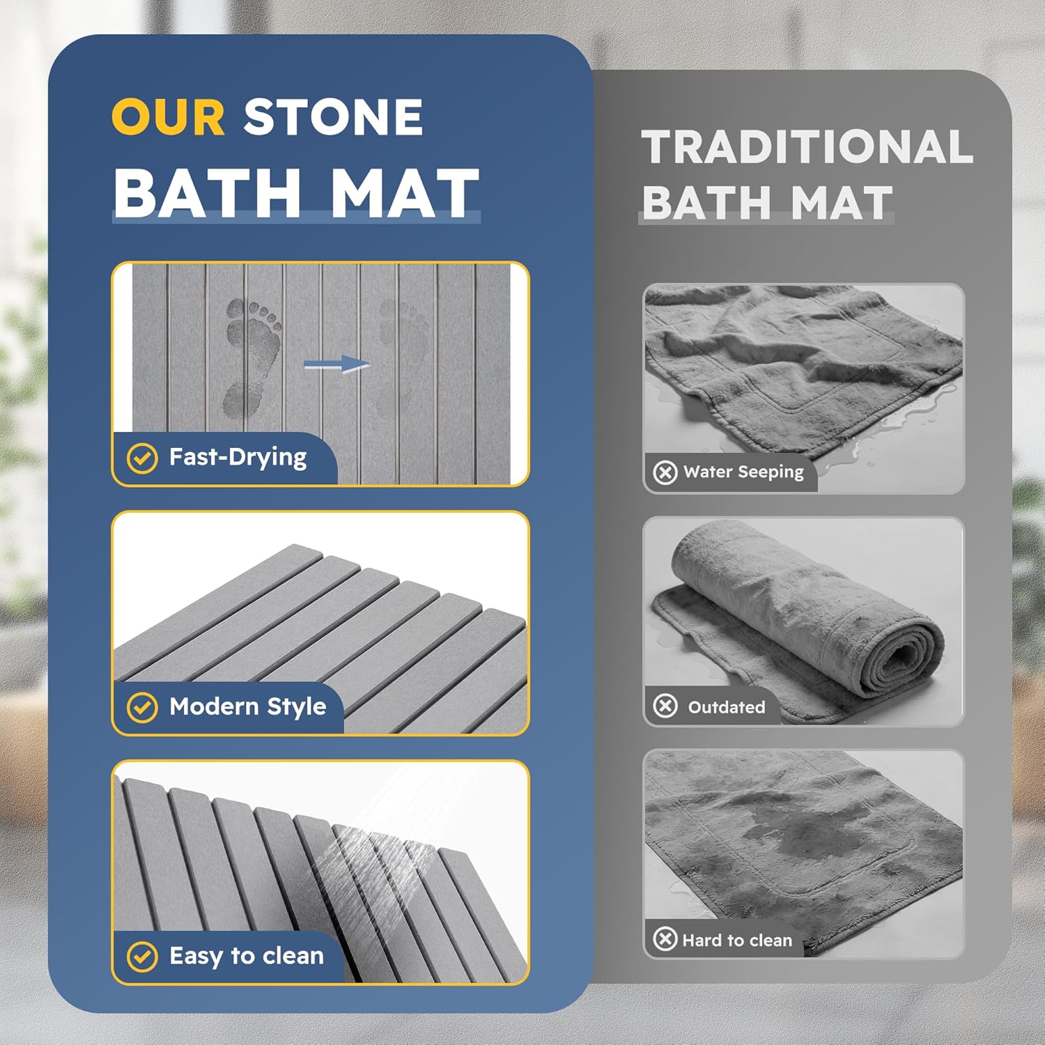 Large Foldable Stone Bath Mat,Diatomaceous Earth with Non-Slip and Super Absorbent, Dry Mat with Quick Dry for Bathroom,Easy to Clean（23.6" Lx15.35 W,Light Grey）