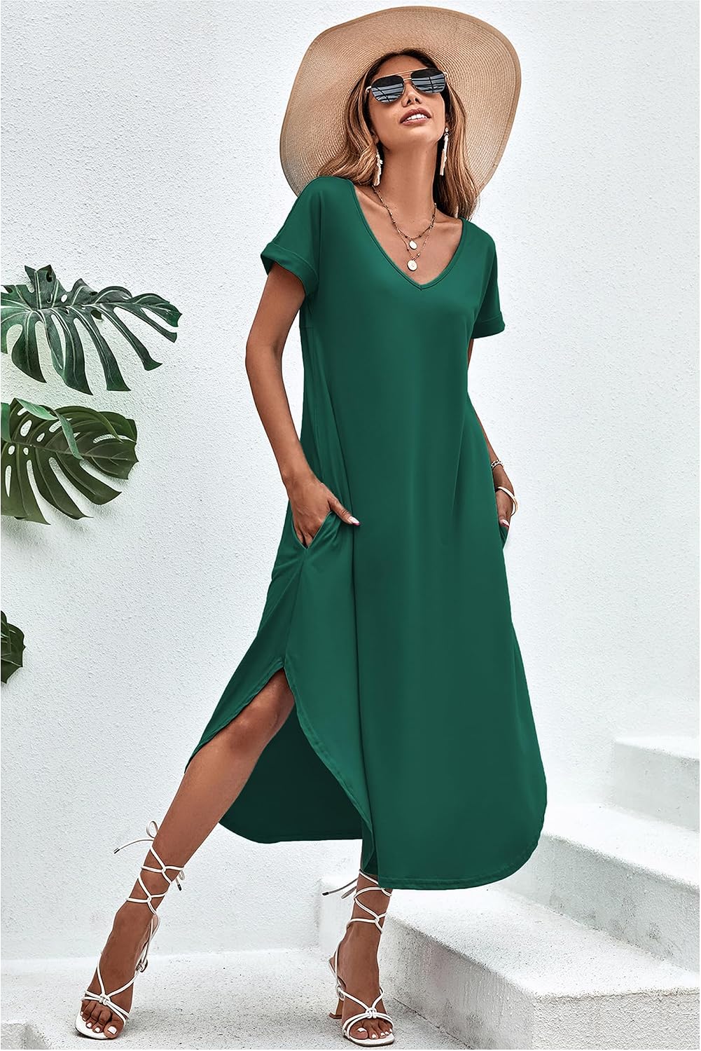 Ekouaer Long Nightgowns for Women V Neck Moo Moos House Dress with Pockets