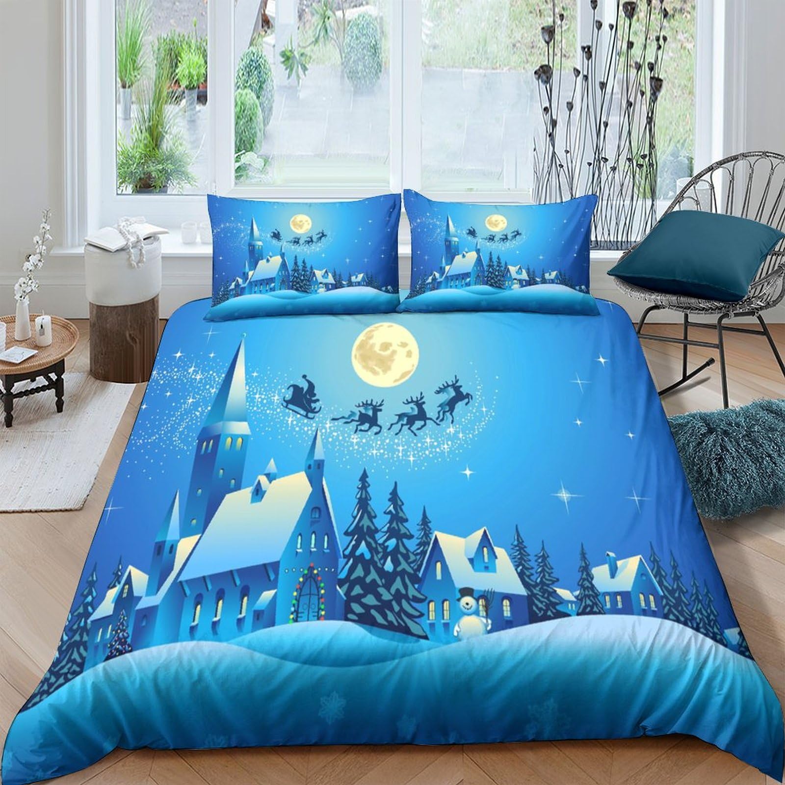 Ctjqhvkz Style-9 3D Printed Christmas Village Fitted Sheet Microfiber Blue Santa Sleigh Bed Cover Anti-Slip Washable For Bedroom Single（135X200cm）
