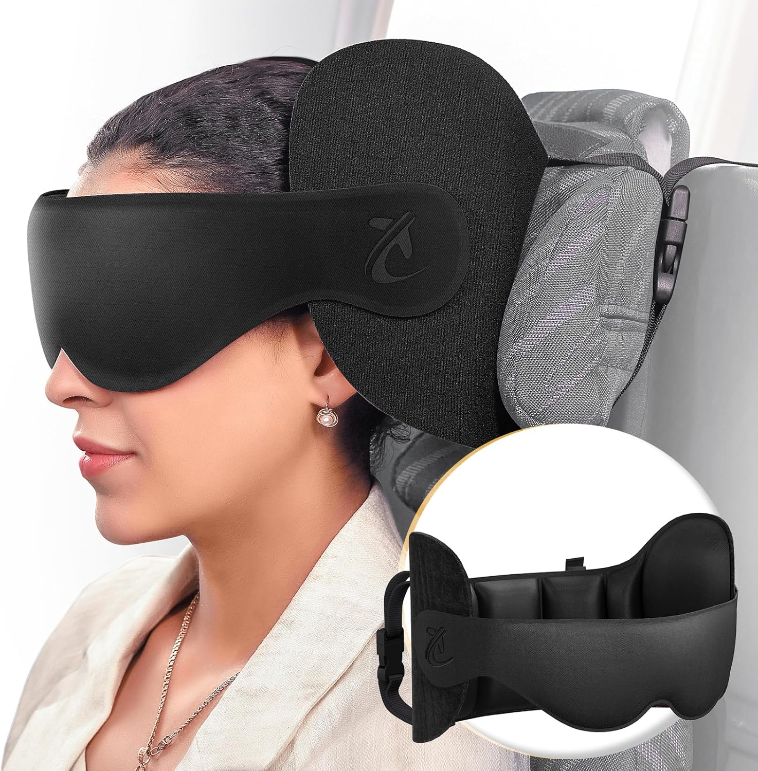 Bonairest Oreiller de Voyage, Oreiller Cervical pour Avion et Longs Vols, Sangle de Tête avec Masque de Sommeil 3D, Appui-Tête à Support 360°, Accessoire de Voyage pour Hommes et Femmes, Noir
