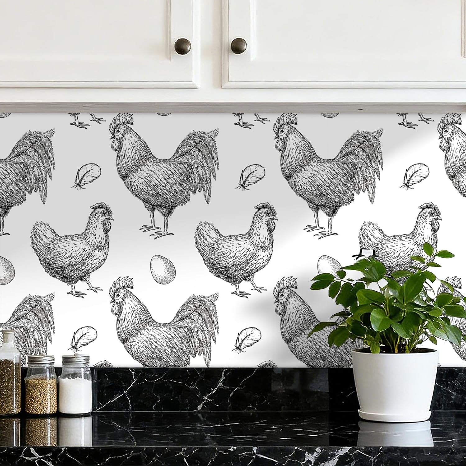 Chicken Wallpaper Black and White Peel and Stick Wallpaper Waterproof Kitchen Modern Farmhouse Wall Paper Self Adhesive Vinyl Cottagecore Vintage Contact Paper Adhesive Coop Rooster 17.5x80