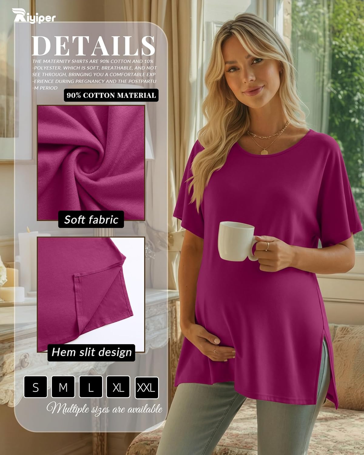 Riyiper 3 Pack Women's Maternity Tunic Shirts Cotton Summer Pregnancy Clothes Loose Oversized Split Side Blouse Tops - Image 3