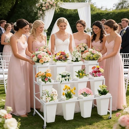 Miniatura 7 de Soporte de exhibición de flores de metal de 3 niveles, carrito móvil resistente para plantas de flores con 12 cubos y ruedas con cerradura, estante