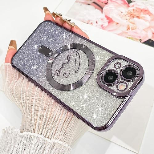 Vista 607 de Fiyart - Funda transparente magnética con purpurina para iPhone 12 para mujeres, con grabado "Love" metálico, protección para cámara y antigolpes