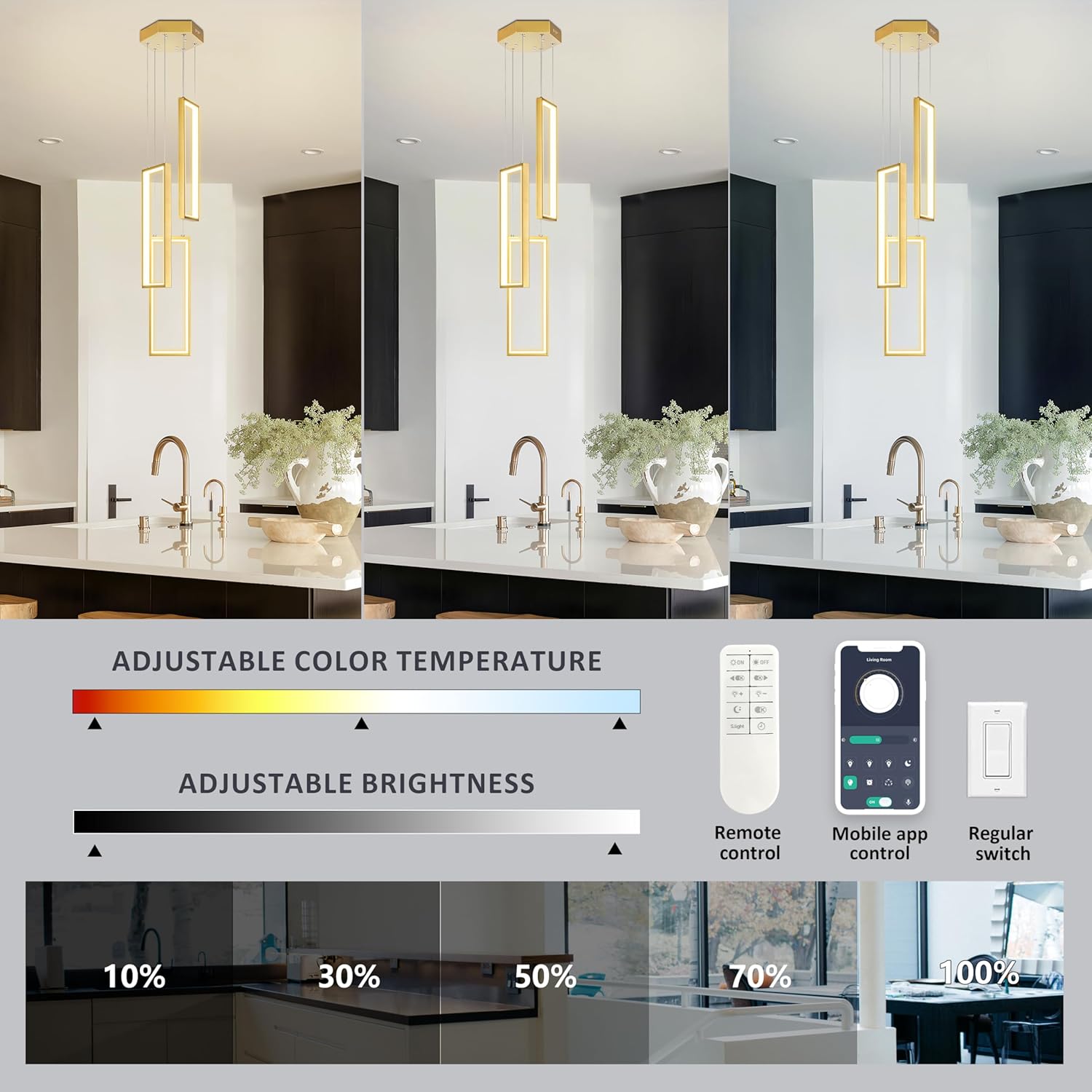 Gold Modern Led Chandelier - Adjustable High Ceiling Light Fixtures, Dimmable Led Pendant Lighting, 3-Ring Rectangle Staircase Contemporary Chandelier for Living Room, Kitchen Island