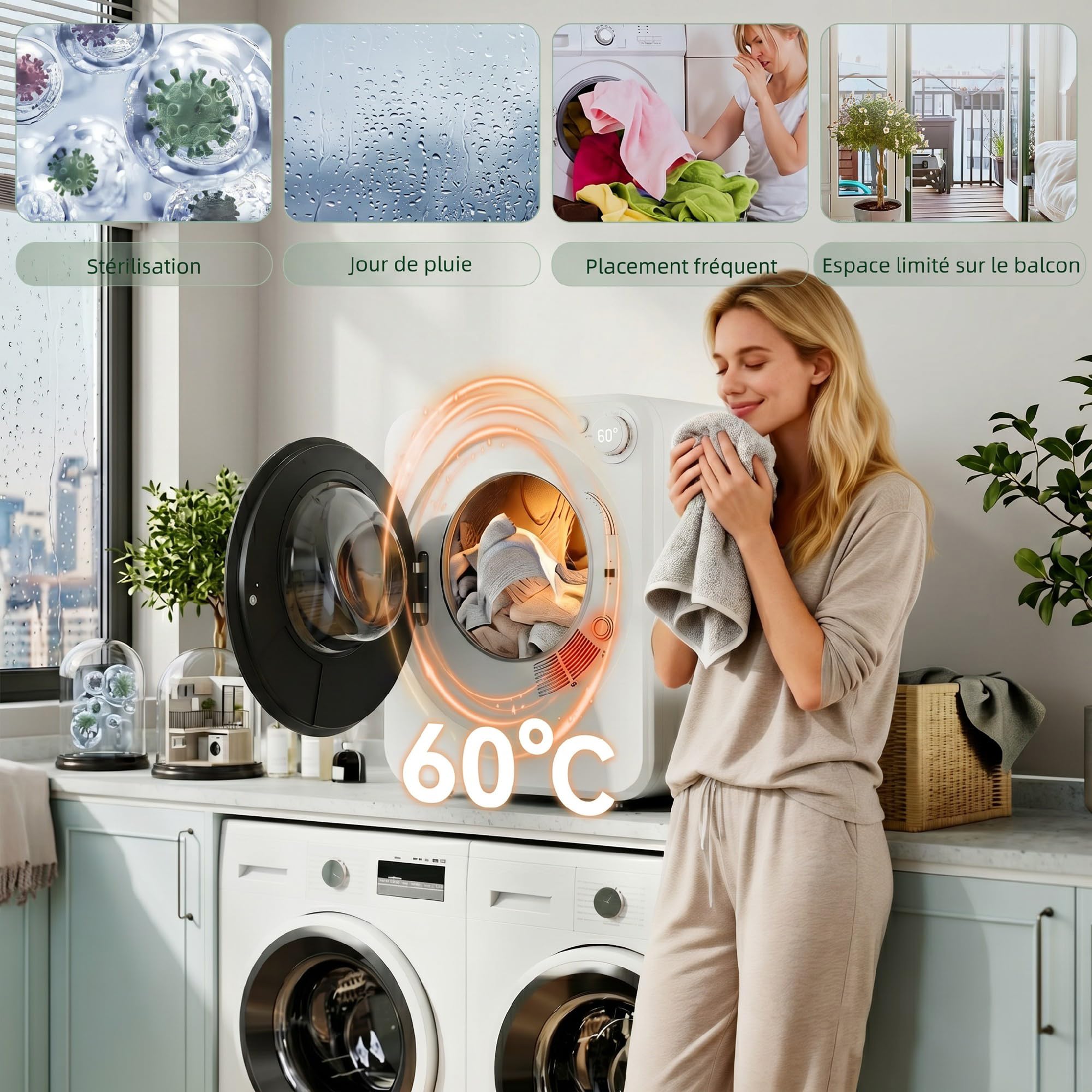 HOMCOM Sèche-linge à évacuation portable 2,5 Kg électrique compact 400/800 W, 5 modes, tambour acier inoxydable, charge frontale, blanc
