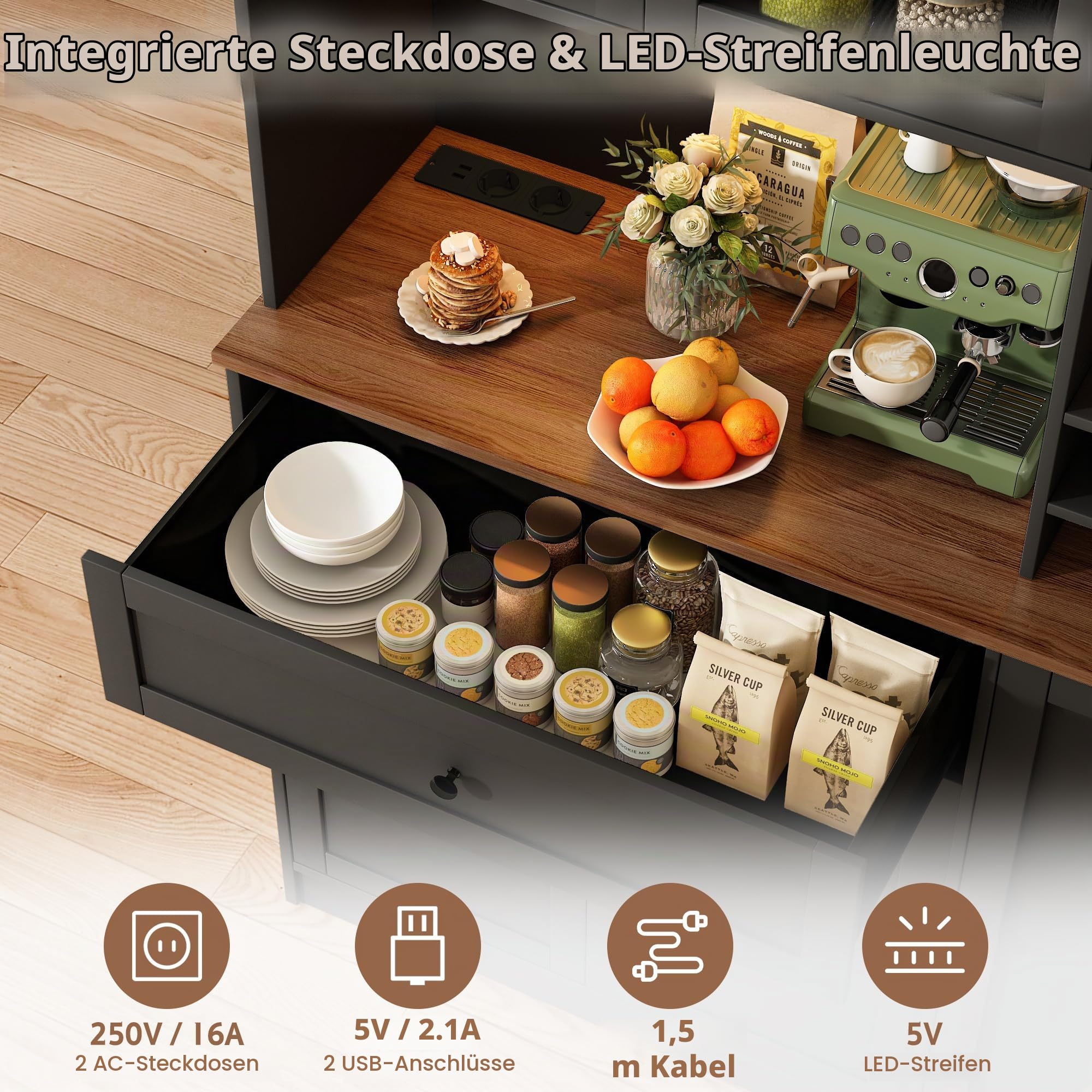 Küchenschrank100x40x180cm, Buffetschrank, Sideboard Küche mit 6-Fach Weinrega, LED-Licht, USB-Steckdose & verstellbaren Böden, Anti-Kipp für Küche, Esszimmer und Wohnzimmer (Schwarz)