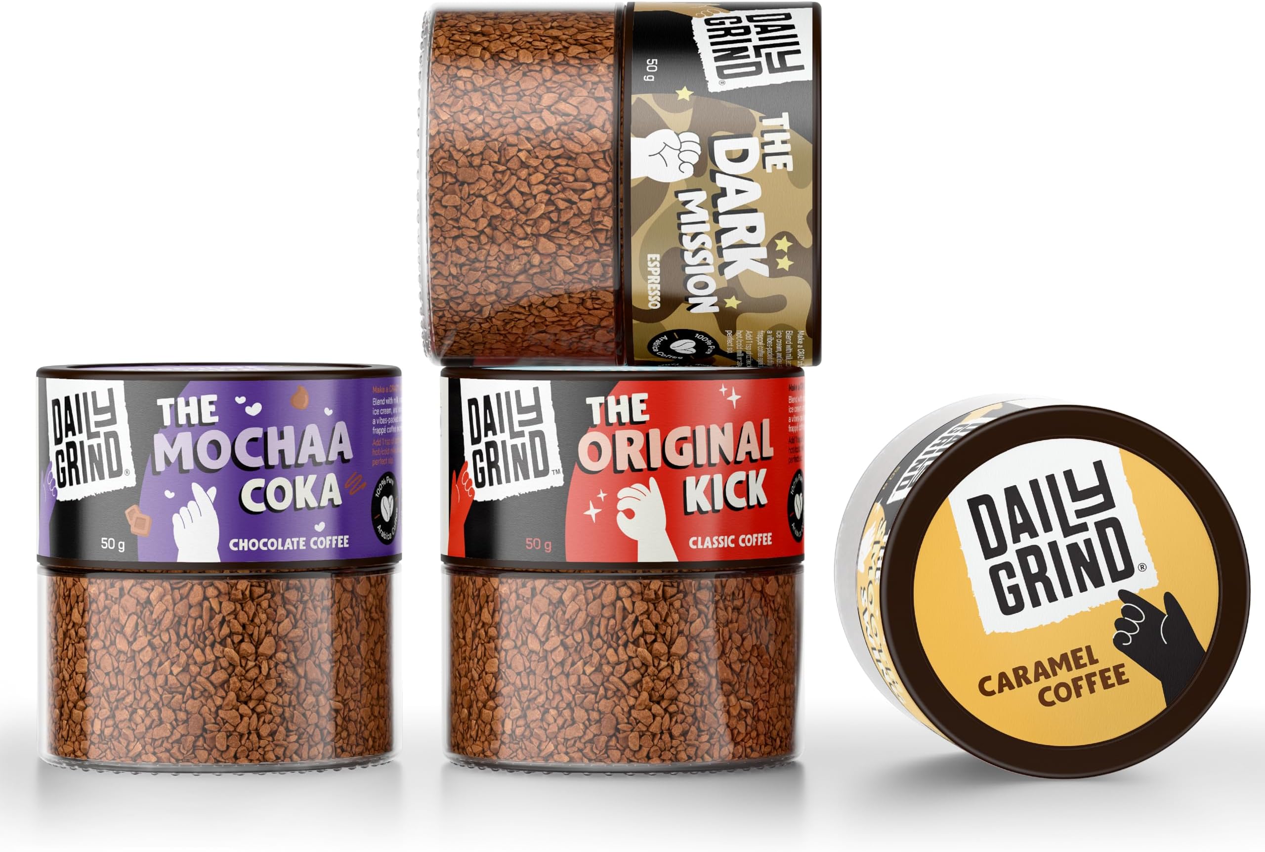 - Instant Coffee Pack of 4 | Chocolate, Classic, Caramel & Rich Espresso - 50g Each Jar | Freeze-Dried Arabica Coffee Granules | For Mochas, Espresso, Latte, Frappes | Hot & Cold Coffee - 200g