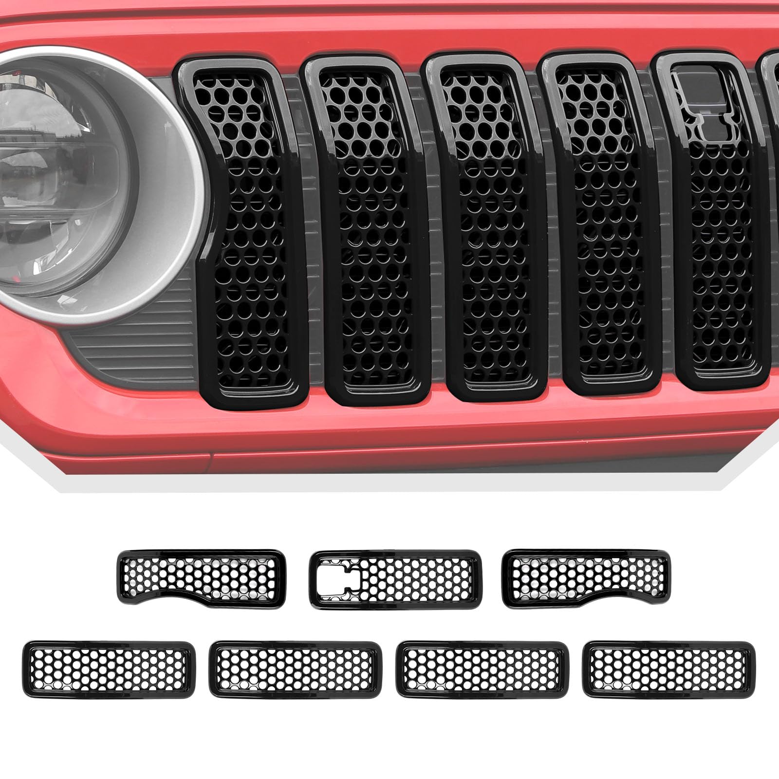 JeCar Grill Inserts for 2024+ Jeep Wrangler JL Mesh Grille Cover Trim Accessories With Camera Hole (Black 7pcs)