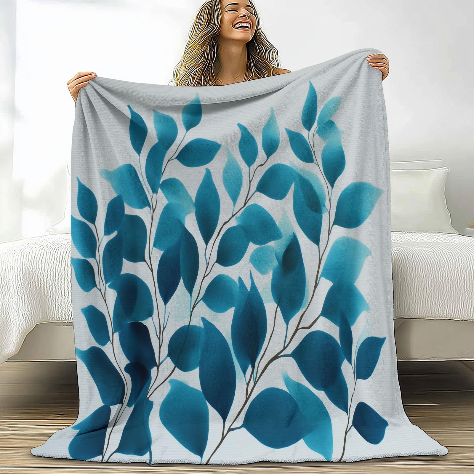 Koc flanelowy na łóżko 220 x 240 cm, miękka ciepła roślina niebiesko-zielone liście i paski koc zimowy ciepły oddychający lekki minimalizm dla dorosłych dzieci kobiety mężczyźni