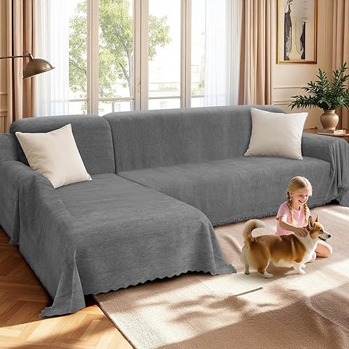 Miniatura 17 de HDCAXKJ - Fundas de sofá de chenilla para sofá seccional, manta de sofá en forma de L con borlas, 2 piezas de fundas deslizantes seccionales en Gris