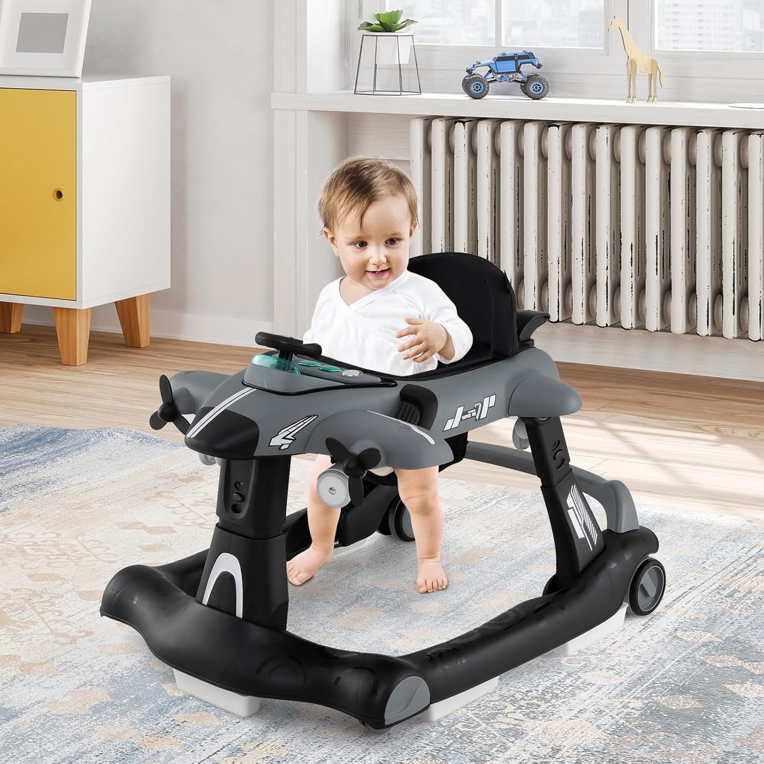 RELAX4LIFE 6 en 1 Andador Bebés Plegable con Altura y Velocidad Ajustables, Tacata Bebe con Asiento Acolchado, Música, Luces y Bandeja de Juguetes para Niños 6-18 Meses, 72,5x64x52/53/54cm (Gris)
