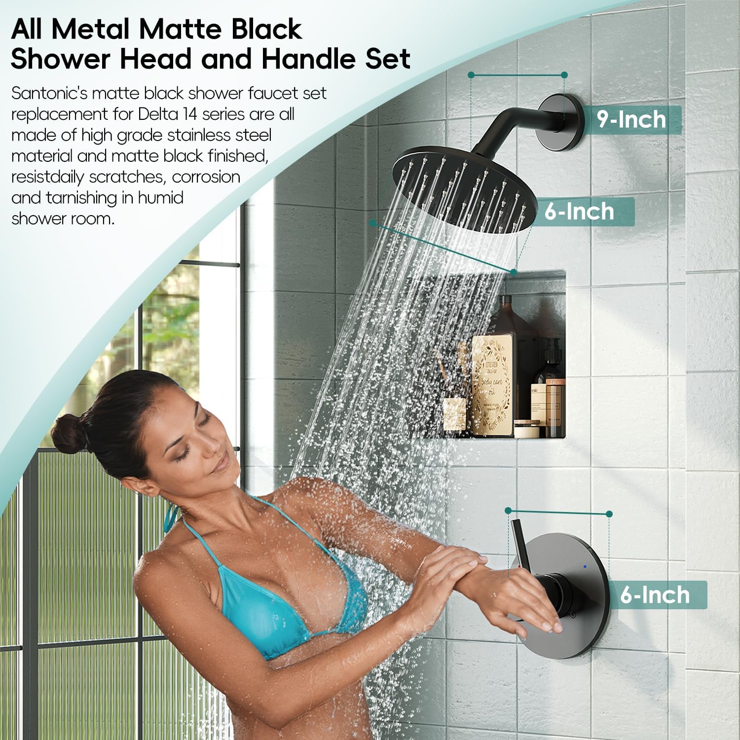 Replacement for Delta Shower Trim Kit 14 Series, Bathroom Matte Black Shower Faucet Set, 6-Inch Black Shower Head and Handle Set(Valve/Cartridge Not Included)