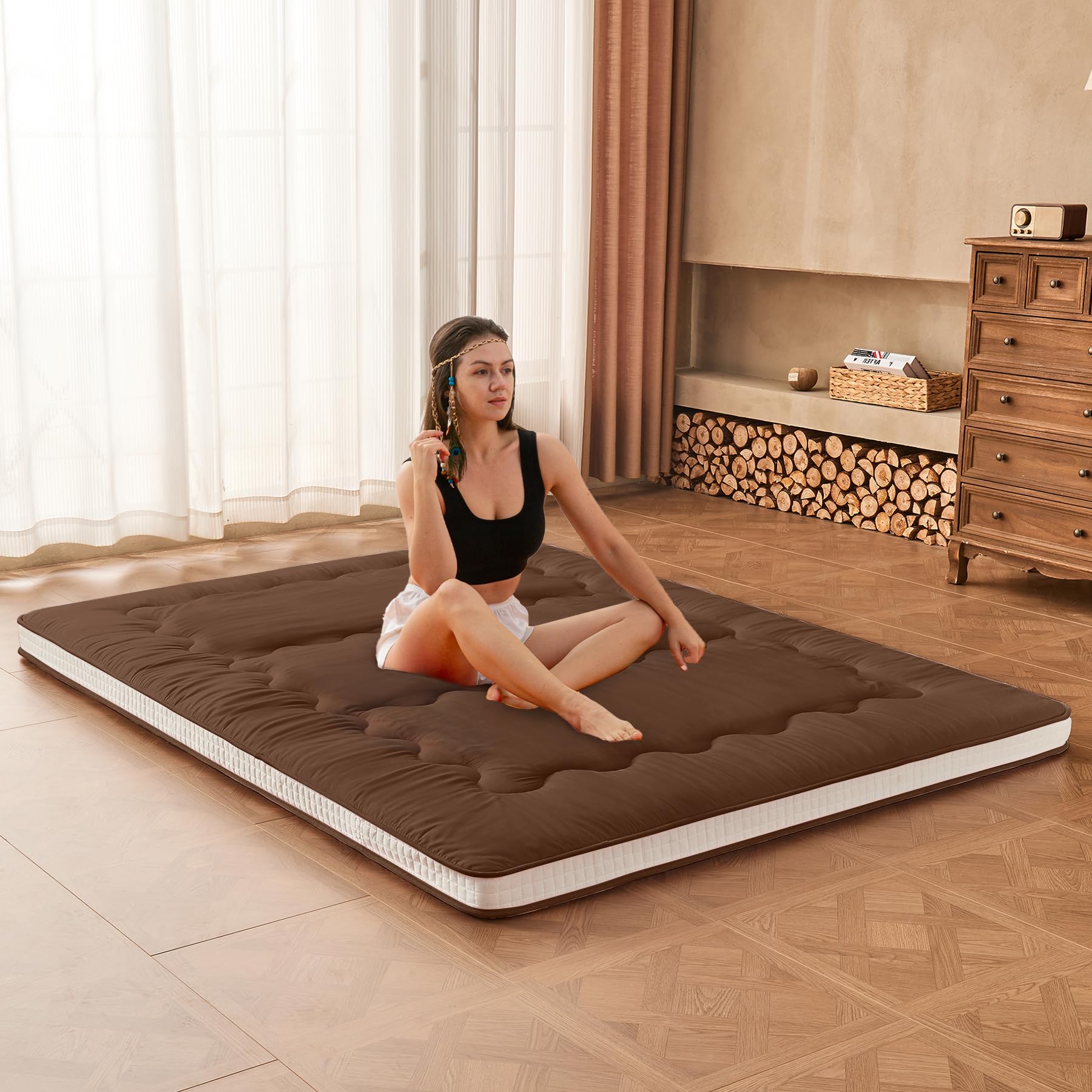 Dr.Futon Japanese Floor Futon Mattress Extra Thick Folding Roll Up Bed Topper Mat for Guest,Lounger and Tavel