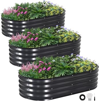 INNO STAGE 3Pcs Galvanized Raised Garden Bed Kit, Outdoor Metal Raised Garden Beds for Vegetables, Rust-Resistant & Easy Assembly, 4x2x1ft Oval Raised beds for Gardening, Flowers, Herbs CoatedGrey